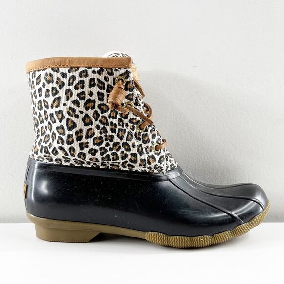Sperry Lace Up Saltwater Rain Boots Ankle Booties Rubber Leopard 6 - Picture 2 of 9